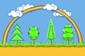 Pixel art landscape, background game platformer with rainbow, trees and clouds vector Royalty Free Stock Photo