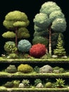 Pixel art landscape featuring various trees and shrubs in layered sections. The top Royalty Free Stock Photo