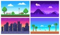 Pixel art landscape. Summer ocean beach, 8 bit city park, pixel cityscape and highlands landscapes arcade game vector Royalty Free Stock Photo