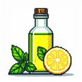 Pixel Art Lemon Essential Oil Bottle with Basil Leaves on White Background Royalty Free Stock Photo