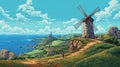 Pixel Art Of Majestic Windmill On Hill In San Francisco Renaissance Style