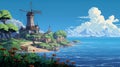 Pixel Art Of Majestic Windmill On Islet - San Francisco Renaissance Style