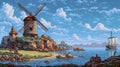 Pixel Art Of Majestic Windmill In Karst Landscape