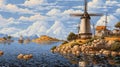 Pixel Art Of Majestic Windmill In Karst Landscape