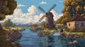 Pixel Art Of A Majestic Windmill By The River