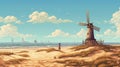 Pixel Art Of A Majestic Windmill In A San Francisco Renaissance Style Dune
