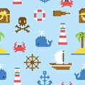 Pixel art marine seamless vector pattern