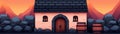 A pixel art medieval tavern, flat design, front view, fantasy roleplay theme, 3D render, Complementary Color Scheme