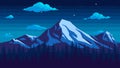 Pixel art mountain background at night. Seamless landscape backdrop of a pine forest, snow-capped peaks and a cloudy sky Royalty Free Stock Photo