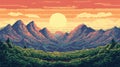 Pixel art mountain landscape with sunrise in the sky Royalty Free Stock Photo