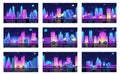 Pixel art neon night city with buildings panorama. Retrowave arcade game set in pixel art background in retro