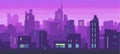 Pixel art neon night city with buildings panorama