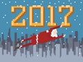 Pixel art New Year postcard with flying Santa