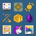 Pixel art NFT cryptocurrency bitcoin token vector illustration icons set.