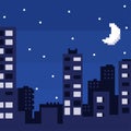 Pixel art night city with landscape, sky, clouds, city silhouette, stars and moon. Vector. Royalty Free Stock Photo