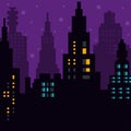 Pixel art night city with landscape, sky, clouds, city silhouette, stars and moon. Vector. Royalty Free Stock Photo