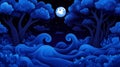 Pixel Art Night Forest Scene with Blue Waves and Moon Royalty Free Stock Photo