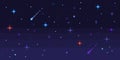 Pixel art night sky. Starry space with shooting stars, 8 bit pixelated video game galaxy seamless vector background