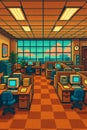 Pixel art office space featuring multiple workstations. The checkered floor and large windows suggest a retro aesthetic. #pixelart Royalty Free Stock Photo