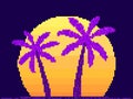 Pixel art palm trees at sunrise in 80s style. 8-bit sun synthwave and retrowave. Retro 8-bit video game. Design for printing,