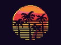 Pixel art palm trees at sunset in 80s style. 8-bit sun synthwave and retrowave. Retro 8-bit video game. Design for printing,