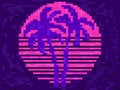 Pixel art palm trees at sunset in 80s style. 8-bit sun synthwave and retrowave. Retro 8-bit video game. Design for printing,