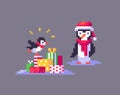 Pixel art penguins are enjoying the Christmas holidays