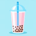 Pixel Art of Pink Bubble Tea in Transparent Cup with Blue Straw on Blue Background Royalty Free Stock Photo