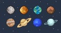 Illustration of 8 pixel art planets, 8bit planets