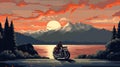 Pixel Art Portrait Of Motorcycle Rider In Sunset Setting Royalty Free Stock Photo