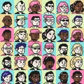 Pixel art portrait userpic icons. 8 bit people faces, young pixelated people avatars and retro game characters vector Royalty Free Stock Photo