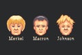 Pixel art portraits of Angela Merkel, Emmanuel Macron and Boris Johnson. German, French, English