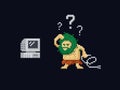 Pixel art primitive ancient cave man confused holding a power cord and looking at old vintage computer. Vector Royalty Free Stock Photo