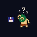 Pixel art primitive ancient cave man confused looking at floppy diskette. Vector illustration character. Game asset 8 Royalty Free Stock Photo