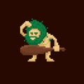 Pixel art primitive ancient cave man holding a club. Vector illustration character. Game asset 8-bit sprite