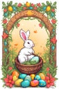 A pixel art of a rabbit in a basket, at a garden with hidden easter eggs, flower, joyful, festive, cartoon