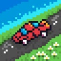 Pixel art red car rides on the road