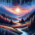 A pixel art representation of a landscape composed entirely of A