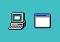 pixel art retro computer monitor with keyboard and opened application and program window terminal, icon asset on blue