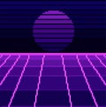 Pixel art Retro Wave Sci-Fi Background with Sunrise or Sunset. Pixel art 80s. Pixel art 8bit game Royalty Free Stock Photo