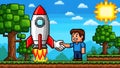 Pixel Art Rocket Launch Handshake, Partnership, Startup Success Royalty Free Stock Photo