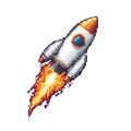 Pixel Art Rocket Launching With Flames. Retro Gaming And Space Exploration Theme Isolated On Transparent Background Royalty Free Stock Photo