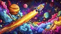 Pixel Art Rocket Ship in Colorful Space Royalty Free Stock Photo