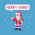 Pixel art Santa Claus hold the gift and says Merry Christmas