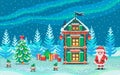 Pixel art scene with santa claus and gnomes. Royalty Free Stock Photo