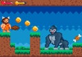 Retro Video Game Scene with Caveman and Gorilla Boss Battle in Pixel Art Style
