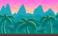 Pixel art seamless landscape with tropics area.