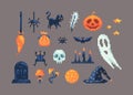 Pixel art set of different items for design on Halloween.