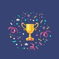 Pixel art set gold winner cup with confetti burst