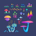 Pixel art set of magical mushrooms different sizes and forms